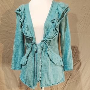 Anthropologie Moth S soft blue-green tie waist cardigan with sweet ruffle accent